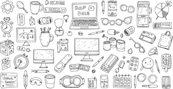 Hand-drawn doodle collection of everyday office supplies, technology gadgets, and various daily objects on a white background, perfect for business concepts.