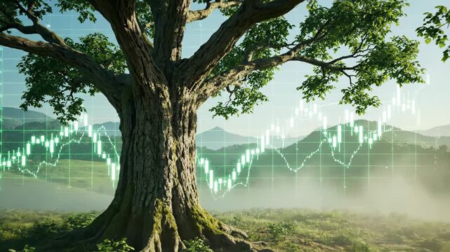 Tree with stock market graph overlay in natural landscape setting outdoors