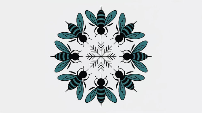 blue and black bees in a circle around a snowflake on gray background