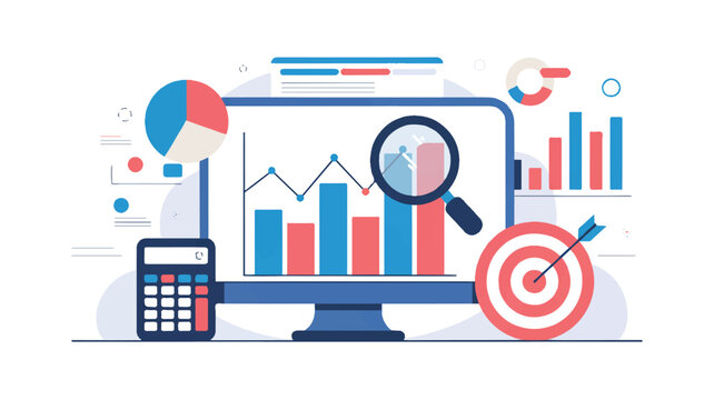 Business infographic with graphs and charts on computer screen and calculator