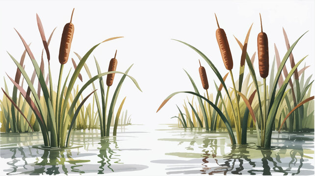 Cattails growing in shallow water with reflections on surface