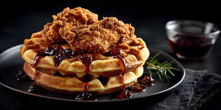 Chicken and waffles on the table with dark background