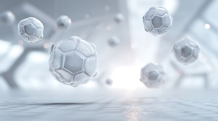 Naklejka premium Clean white medical technology background featuring glowing molecular structures above a sleek clinical surface, ideal for biotech and healthcare use.