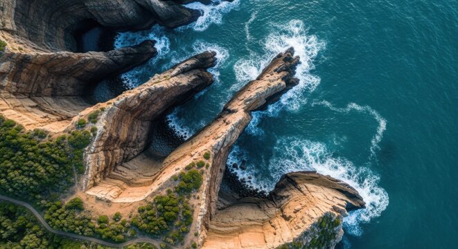 Dramatic aerial drone view of rugged coastline with crashing ocean waves and dramatic rock formations