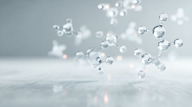 Clean white medical technology background featuring glowing molecular structures above a sleek clinical surface, ideal for biotech and healthcare use.