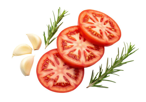 Fresh tomato slices with garlic cloves and rosemary sprigs isolated on transparent background
