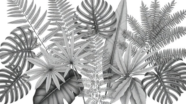 Monochrome tropical leaves arrangement with ferns and monstera on transparent background