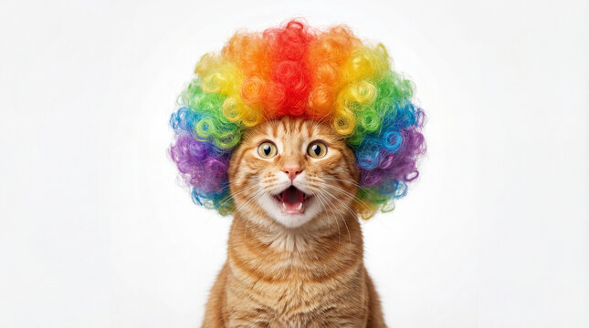 National Pet Day orange cat wearing rainbow afro wig shocked funny expression pet humor celebration banner poster social media design