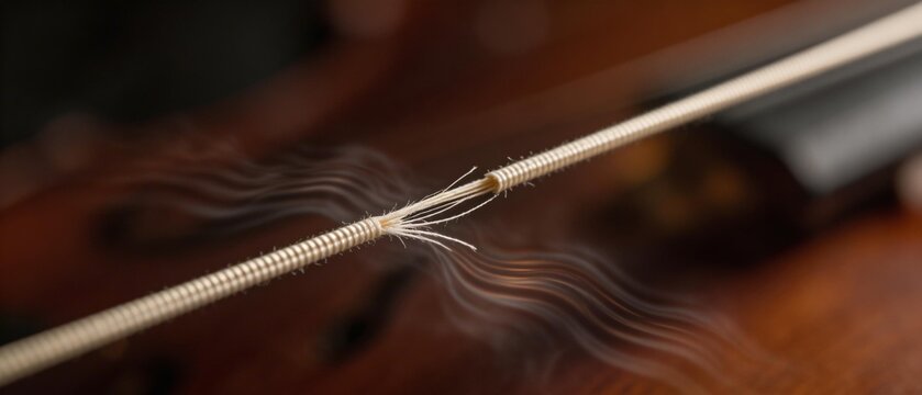 Extreme macro focusing on a single violin string. The wound metal coil is broken, revealing the thin, frayed inner core fibers under studio spotlight. Vague steam. AI Generated.