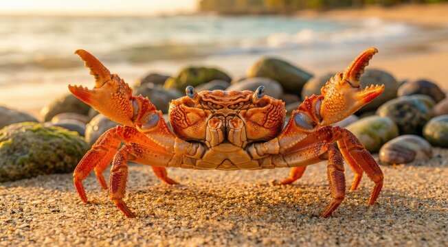 Yellow Ghost Crab on Sandy Tropical Beach With Raised Claws Against Ocean Background