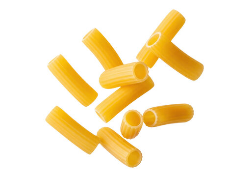 Raw rigatoni pasta tubes isolated on transparent background