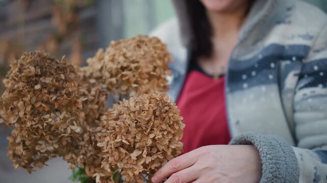 Woman holding dried hydrangea bouquet closeup. Hands adjust stems near chest, patterned sweater visible, muted warm palette, urban stoop backdrop, florist prepping seasonal arrangement with careful