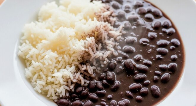 Plate of rice and black bean closeup
Prato de arroz com feij&atilde;o preto em close-up