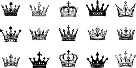 Hand-Drawn Royal Crowns Collection. Set of Sketchy King and Queen Headwear Illustrations, Regal Monarch Symbols. © evalova
