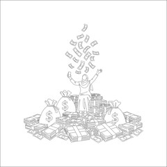 Fototapeta premium Rich Woman Throwing Money – Financial Success Line Art Vector Illustration