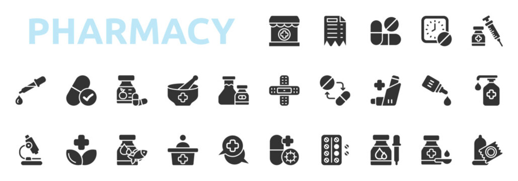 Pharmacy icon set glyph style with receipt, pills, dose, vaccination, pipette, generic drug, vitamin, compounded medicine, pharmaceutical, laboratory icons