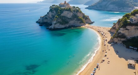 Fototapeta premium Aerial view of Sveti Stefan beach in Montenegro, Adriatic coast.