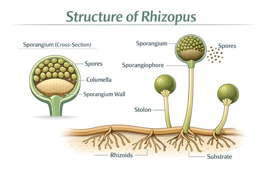 Rhizopus Fungus Structure Detailed Scientific Infographic with Labeled Diagram
