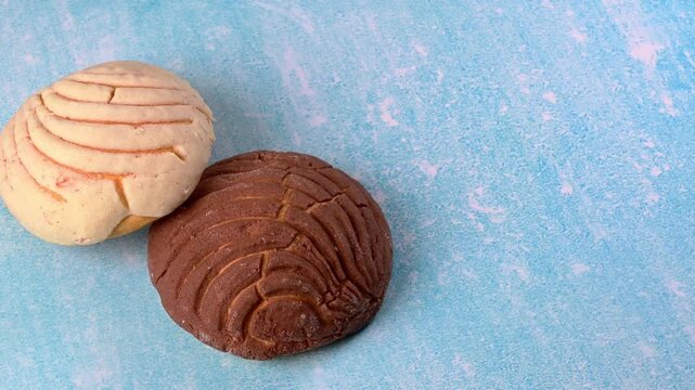 Chocolate and vanilla conchas with copy space, blue marble background