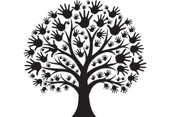 Obraz premium Black tree silhouette with hand prints in minimalist style for family or community Transparent Background