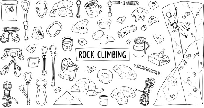 Hand-Drawn Rock Climbing Gear and Equipment Collection: Harnesses, Carabiners, Ropes, Holds, and a Climber on a Wall