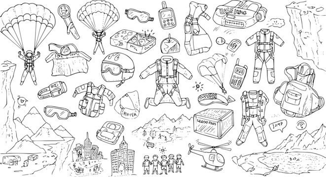 Doodle-style Base Jumping Equipment: Parachutes, Wingsuits  Gear Hand-Drawn Vector Illustration