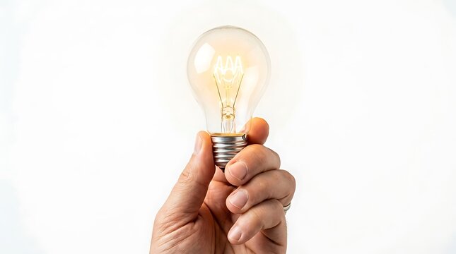 Hand holding glowing light bulb idea concept against white background