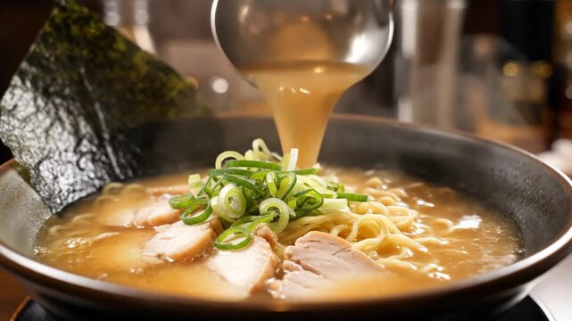 Satisfying close up view of Japanese ramen cooking. An inviting and delicious hot soup pouring into warm bowl of pork noodles