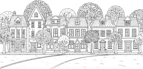 Obraz premium Vintage hand drawn European street with historic houses and trees, black and white coloring page vector, quaint old town architecture illustration