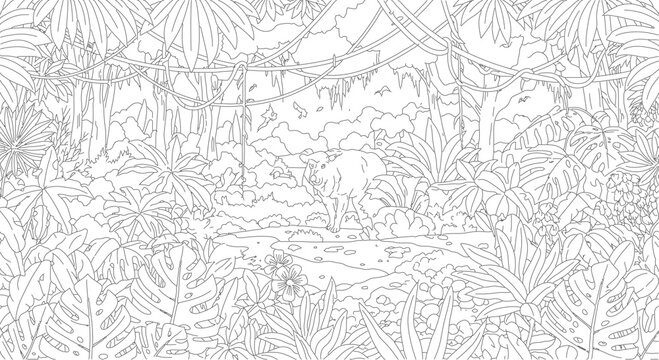 Tropical jungle coloring page vector, lush rainforest landscape with exotic plants and vines, detailed botanical line art for adult coloring books