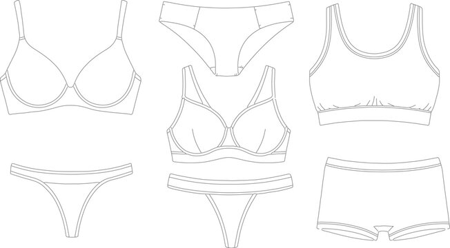 Lingerie technical flat sketches, women's underwear and bra vector set, fashion design CAD templates for intimate apparel manufacturing