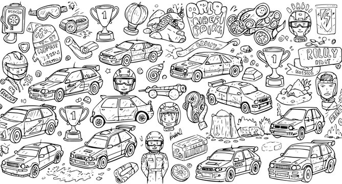 Doodle Rally Sport: Hand-Drawn Cars, Helmets, Trophies  Gear Pattern