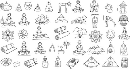 Fototapeta premium Hand-drawn Yoga, Meditation Wellness Doodle Icons Set. Relaxing Zen lifestyle elements like yoga poses, lotus flowers, candles, massage tools, and spa items.