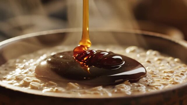 Warm and comforting healthy breakfast food close up with rich dark molasses and sweet syrup pouring over hot bubbling oatmeal
