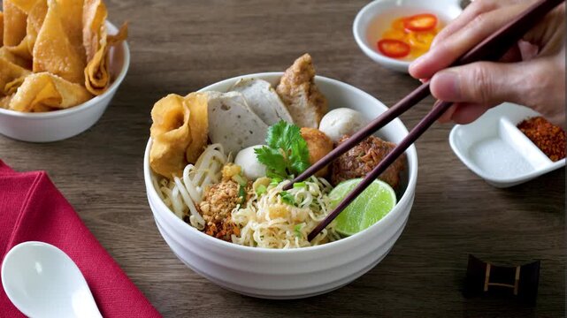 dry Chinese yellow noodles with bean sprout topping pork meatball 