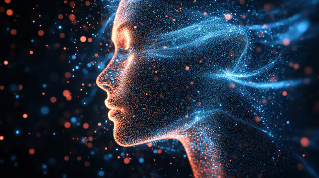 digital face dissolving into particles, representing themes of technology
