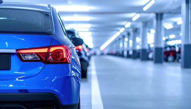 현대식 지하 주차장의 푸른색 자동차 후미등과 줄지어 늘어선 차량들, 깔끔하고 조명 밝은 공간