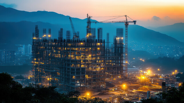 Construction site background. Hoisting cranes and new multi-storey buildings