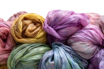 Obraz premium Colorful silk fabric bundles rolled and tied with knots, soft texture and smooth material for crafts, fashion, and textile design in various pastel shades.