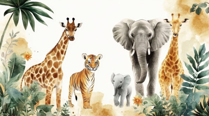 Obraz premium Modern abstract art. Animal illustration. Golden elements, watercolor painting, children's wallpaper. Hand drawn plants