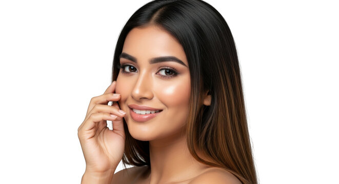 Smiling young woman with long dark hair touching her face isolated on transparent background