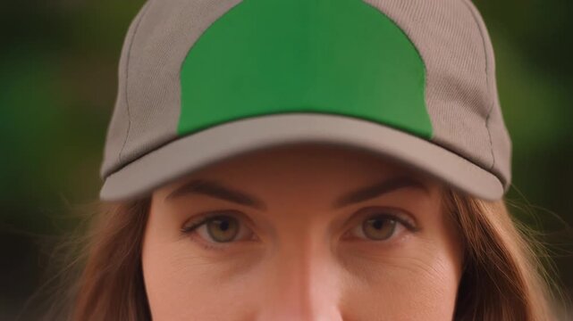 Close-up of a person wearing a baseball cap, focusing on the eyes and the brim of the hat