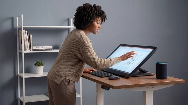 Woman using touchscreen standing desk for architectural design and technology