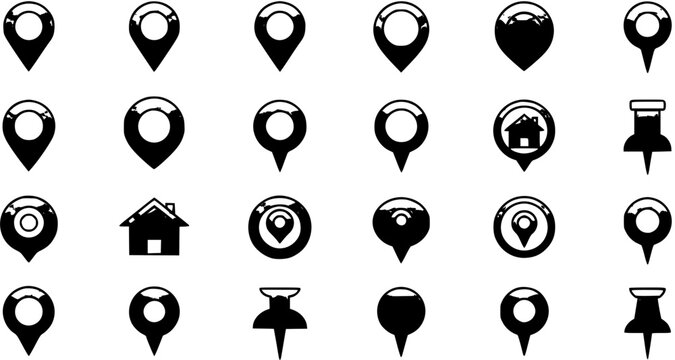Set of diverse black and white map pin, location marker, home, and pushpin icons with a distressed, hand-drawn look, ideal for navigation, mapping, and destination themes.