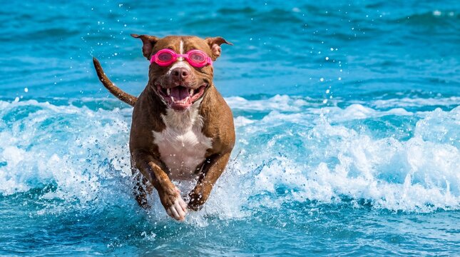 Happy brown pit bull dog wearing pink swimming goggles joyfully splashes through ocean waves