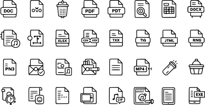 File Type Icons Set: Outline vector collection of document formats (DOC, PDF, XLSX, MP4, CSV), alongside utility symbols for data management and digital content.