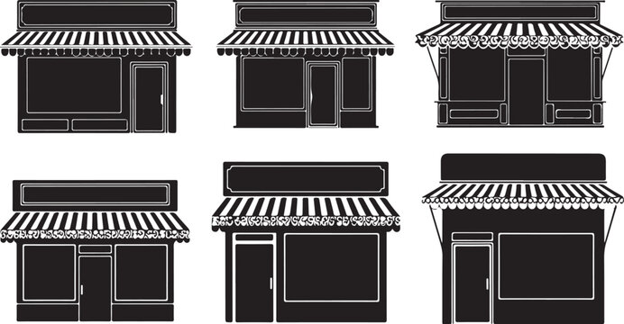 Set of six storefronts with striped awnings and white background
