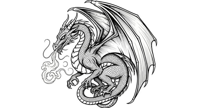 Detailed illustration of a dragon with large wings and smoke effect