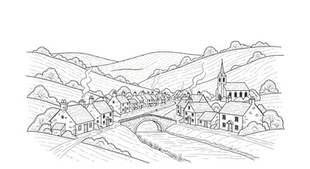 Obraz premium Black and white rural village illustration with rolling hills and a bridge