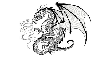 Fototapeta premium Detailed dragon illustration with wings and fire breathing isolated on white